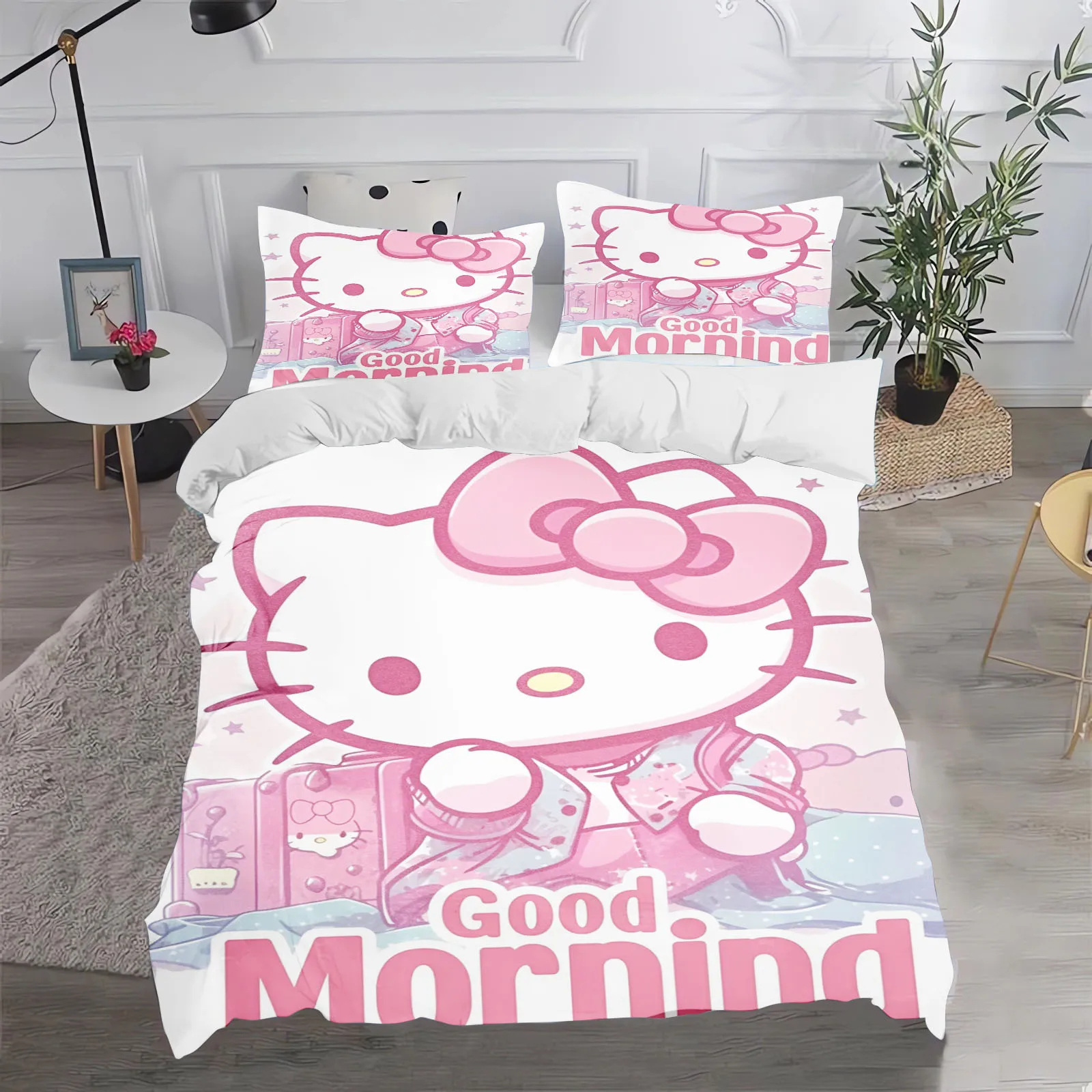 Hello Kitty 3-Piece Set 1 Quilt Cover With Pillowcase Cute Printed Cartoon Duvet Cover Set Bedding 100% Polyester Home Decor