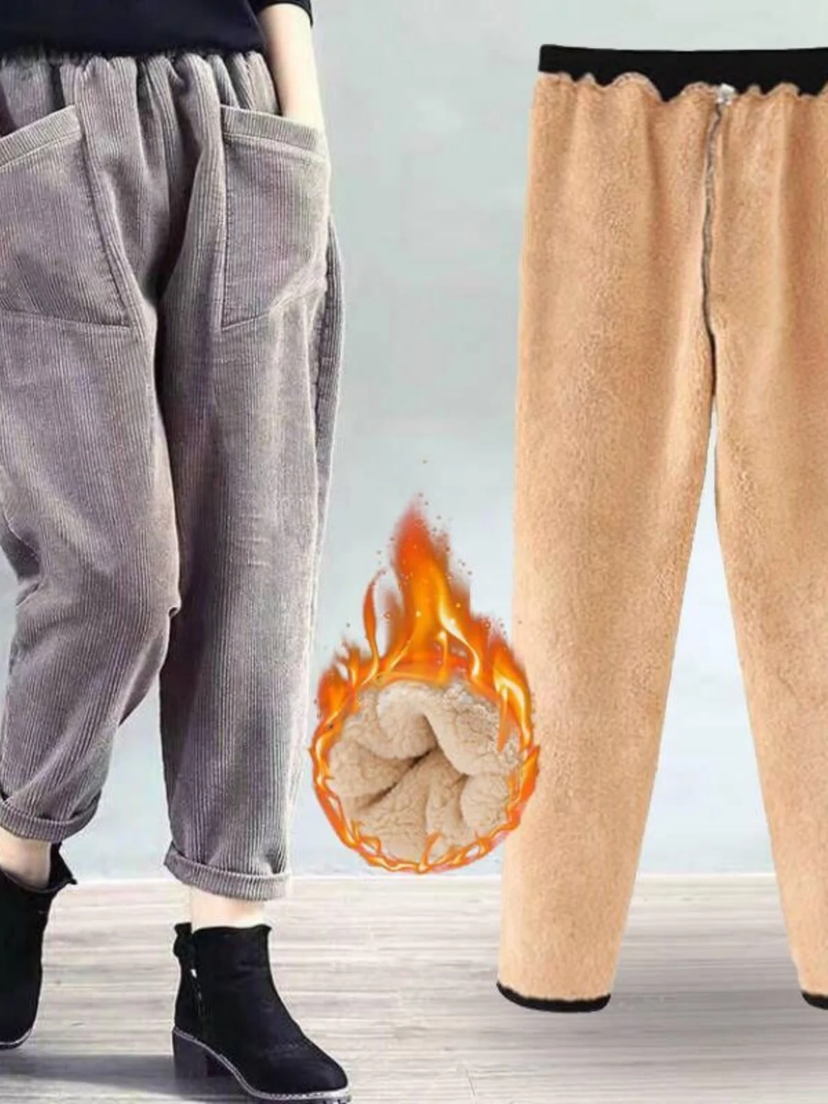 Jesienno-zimowe spodnie sztruksowe z podszewką z jagnięcej wełny, luźne, uniwersalne spodnie typu harlan, długie spodnie dla mamy, spodnie codzienne dla taty.