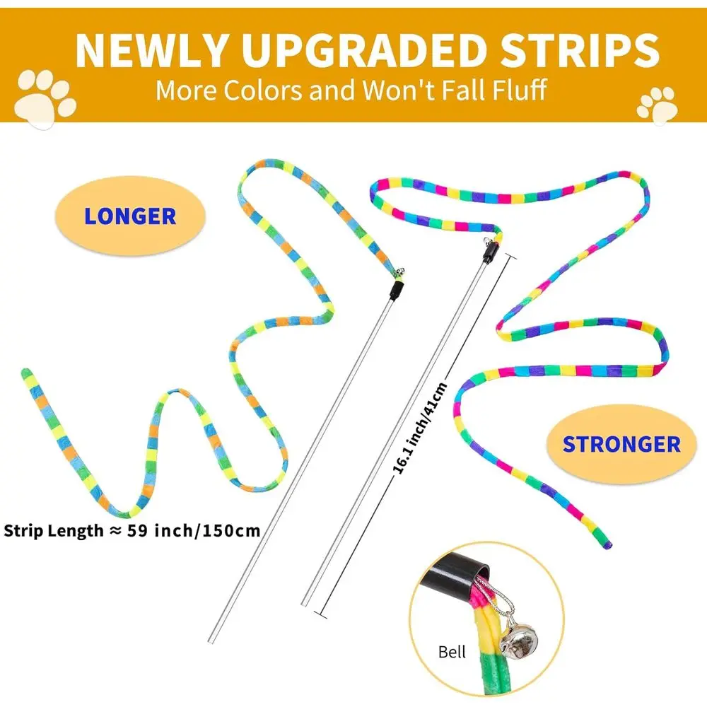 Cat Wand Toys or Indoor Cats, 2 Pack Rainbow Teaser Wand with 55 Inch Plush String, Sturdy Flexible Pole, Interactive Kitten Toy