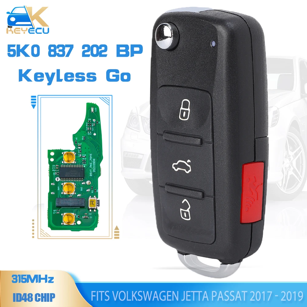 

KEYECU 5K0837202BP for Volkswagen Jetta Passat 2017 2018 2019 315MHz ID48 Keyless Go Smart Remote Key Fob NBGFS93N 5K0 837 202BP