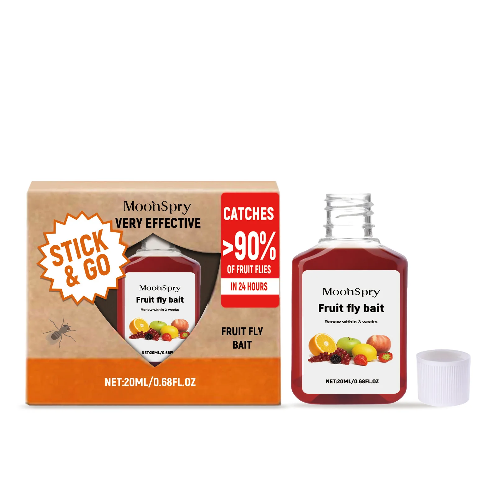 MOONSPRY Cebo para moscas de frutas, trampa para el control de plagas de cocina, atrayente eficaz para moscas de frutas |   Fórmula segura no tóxica |   3 semanas de larga duración