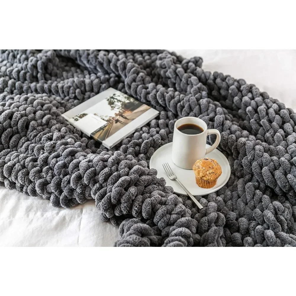 Grey Chunky Knit Boho Throw Blanket Fleece Large Cable Knit Blanket for Bed or Couch Plaid for Sofas Microfiber Bedding