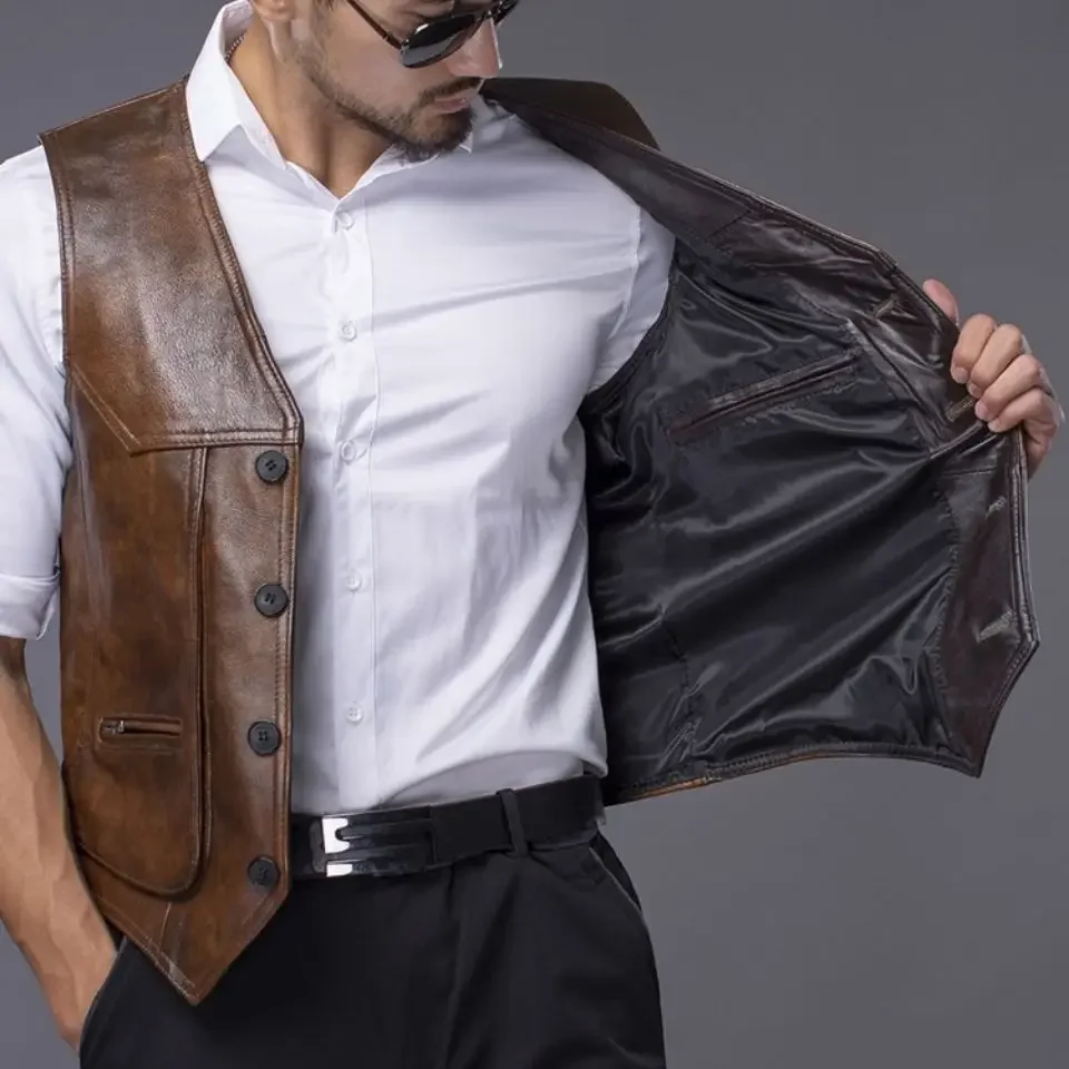 Men Vests First Layer Cowhide Leather Vest Men's Multi-pocket Slim Vest Keep Warm In Spring and Autumn