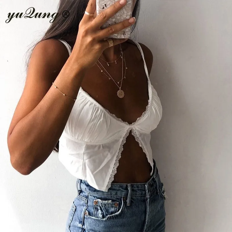 Yuqung Sexy strap crop top short tees donna lace up off spalla bustier Party Camis Vest top canotta femminile H88