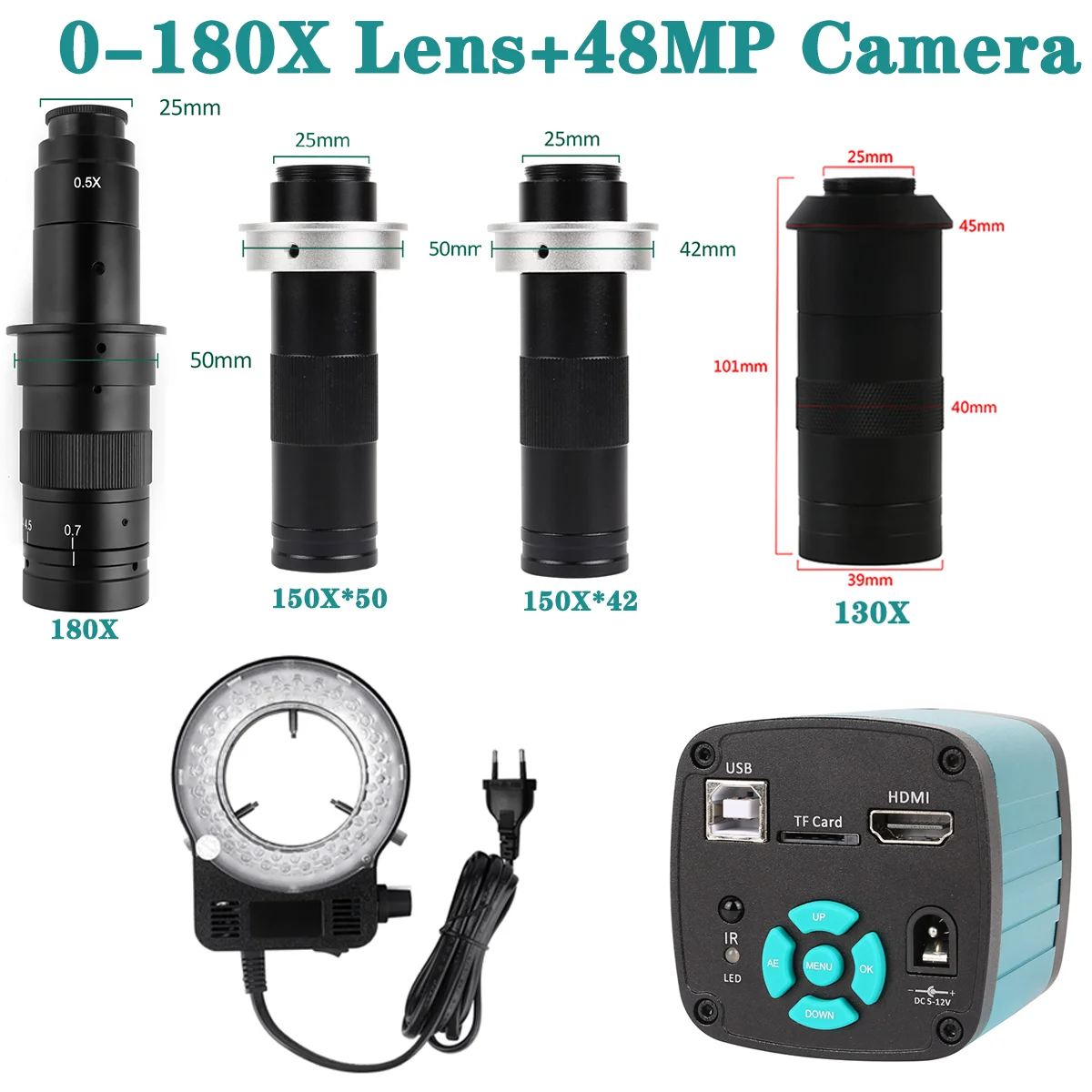 

Microscope Optical Lens 0-130X/150X/180X 48MP USB HDMI 4K 60FPS CCD Digital Camera Adjustable Multiple For Industrial Repair Use