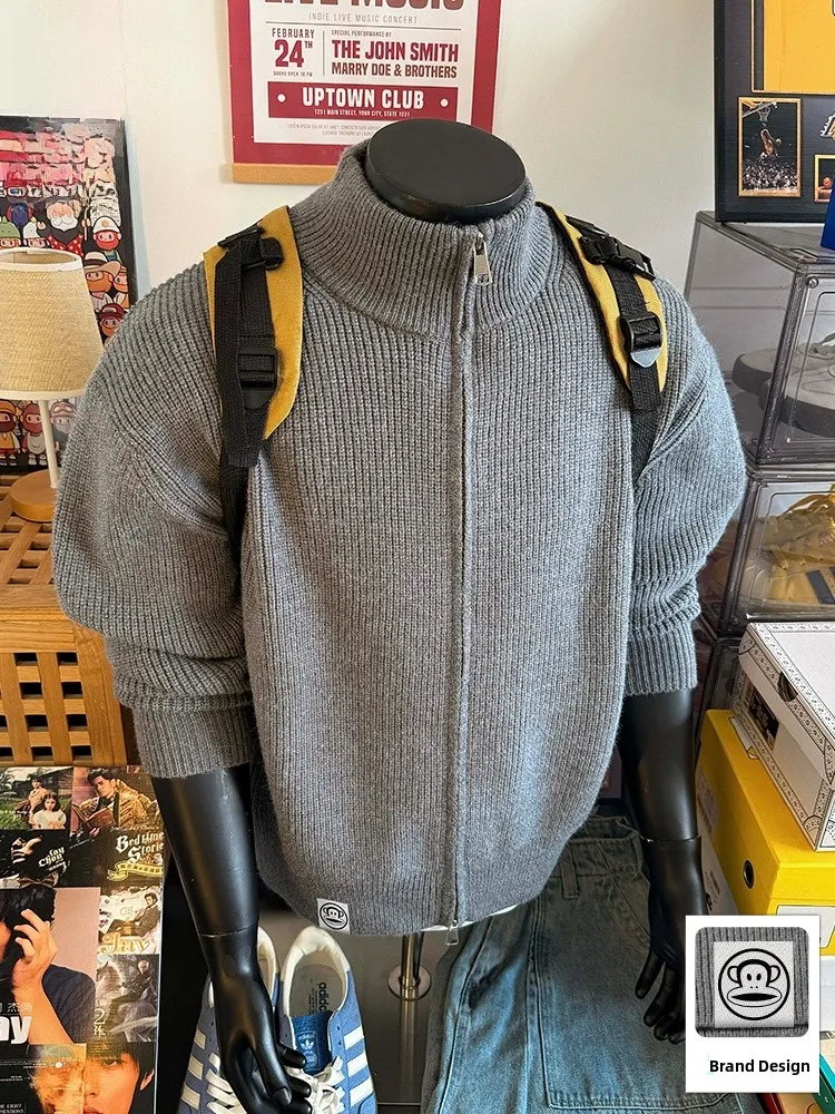 

Кардиган Paul Frank M с двойной молнией и воротником-стойкой, теплый, свободный, повседневный, вязаный, с принтом обезьяны Big Mouth Monkey, осенняя одежда