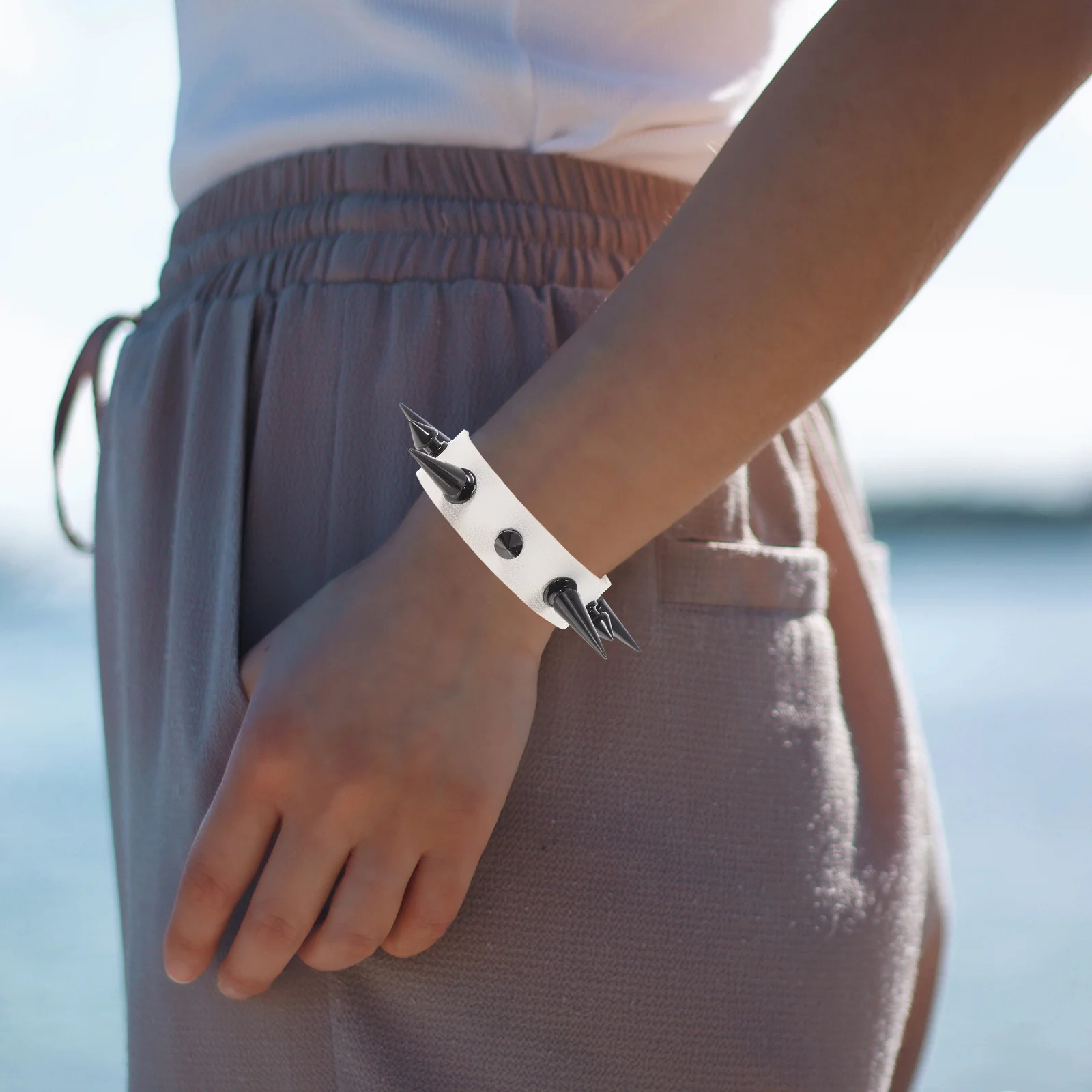 2 قطعة سوار Pu مع المسامير الشرير الكفة القوطية نمط السائق ملحق للرجال النساء خاتم هدايا مجوهرات أنيقة #6