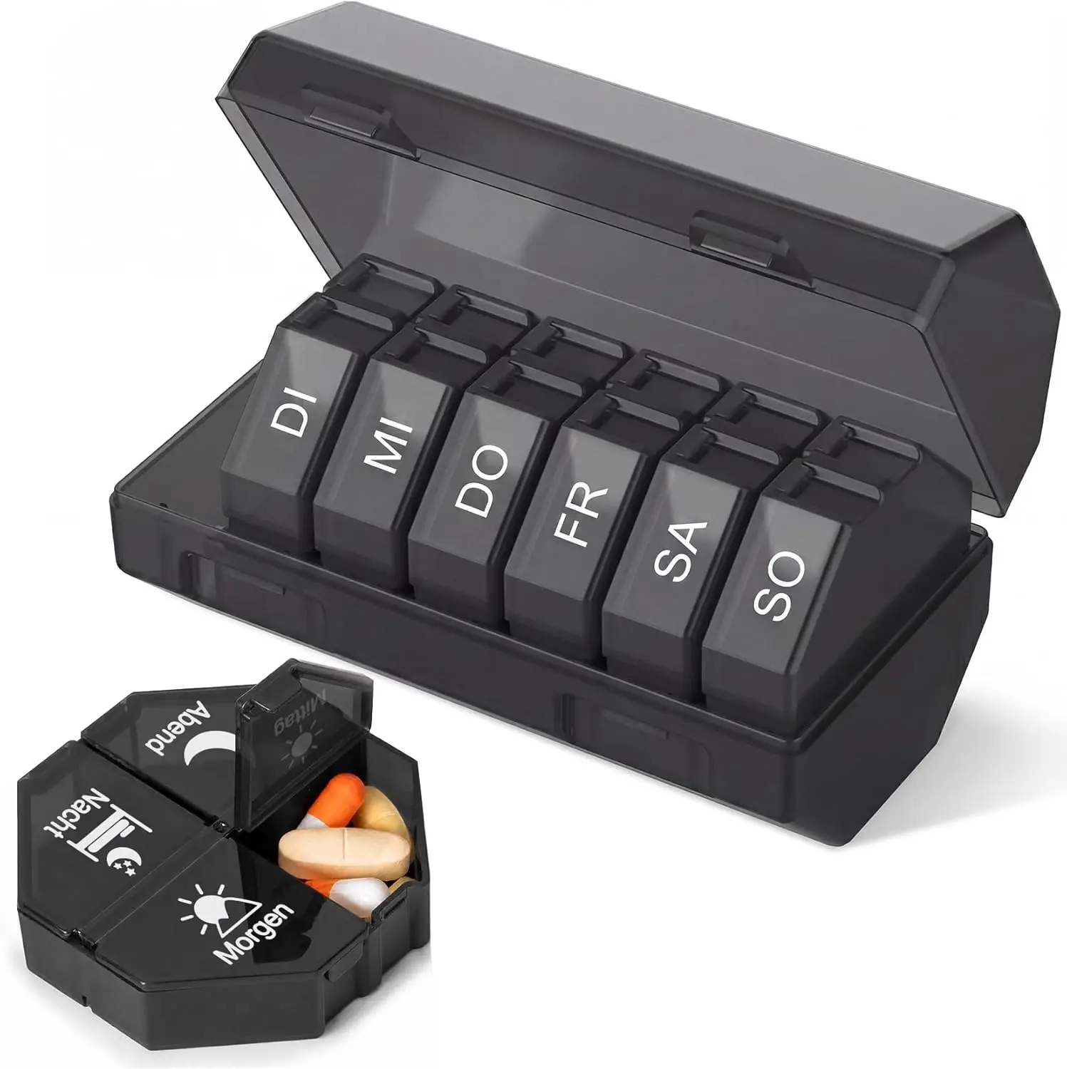 

Weekly Pill Organizer 4 Times a Day, Large 7-Day Pill Case with 28 XL Compartments, Portable Travel Medicine Box for Supplements, Black
