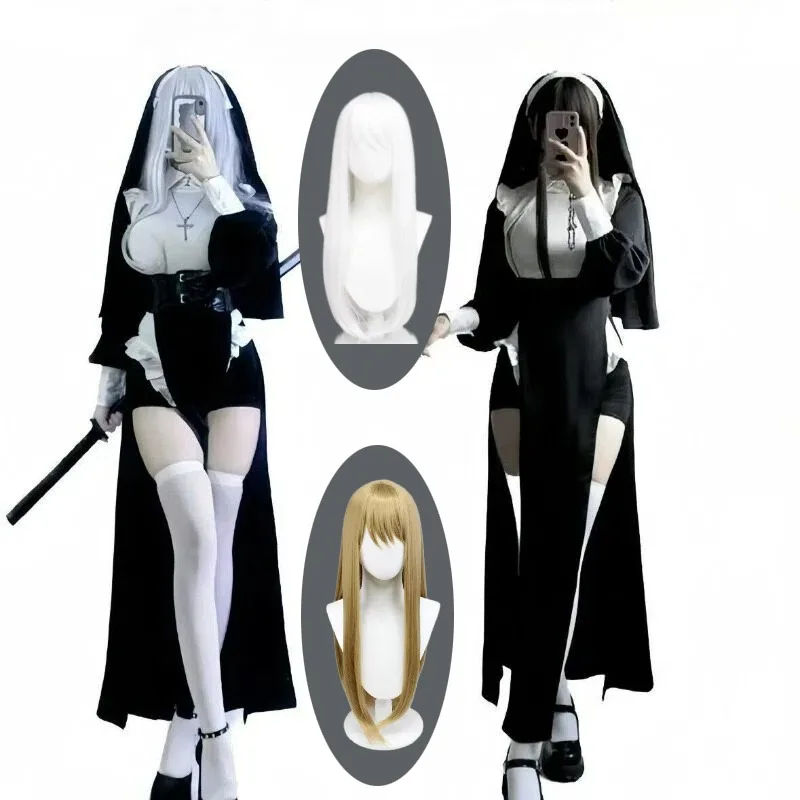 

Hallowenn Sexy Nun Dress Coslpay Costume Anime Black Dress Uniform Wig Suit Performance Party Role Play Clothing for Women