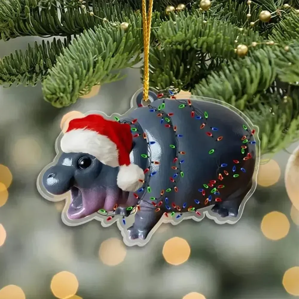 Christmas Moo Deng Hippo Home Decorations Room Decor Cute Hippo 2D Desk Car Accessories Miniature Pendant