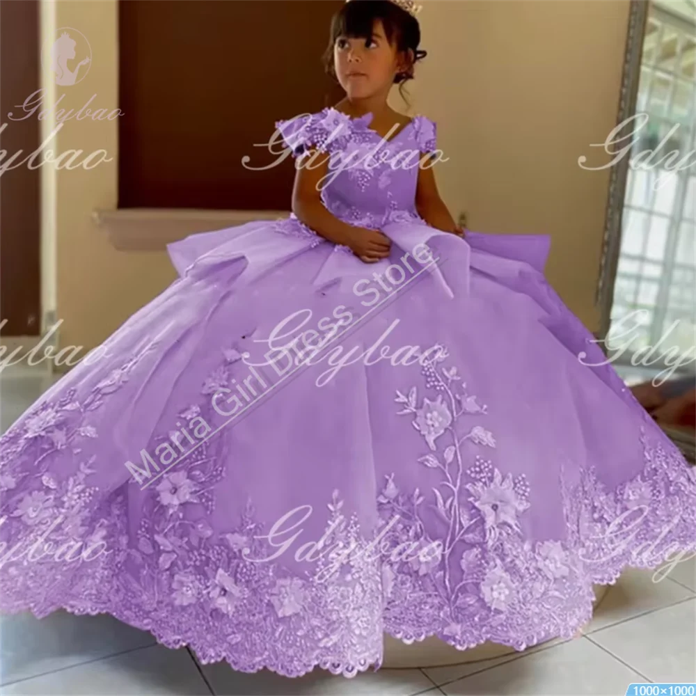 Vestido de niña de flores personalizado, color morado claro, esponjoso, para boda, princesa, Apliques de encaje, hombros descubiertos, precioso vestido de noche