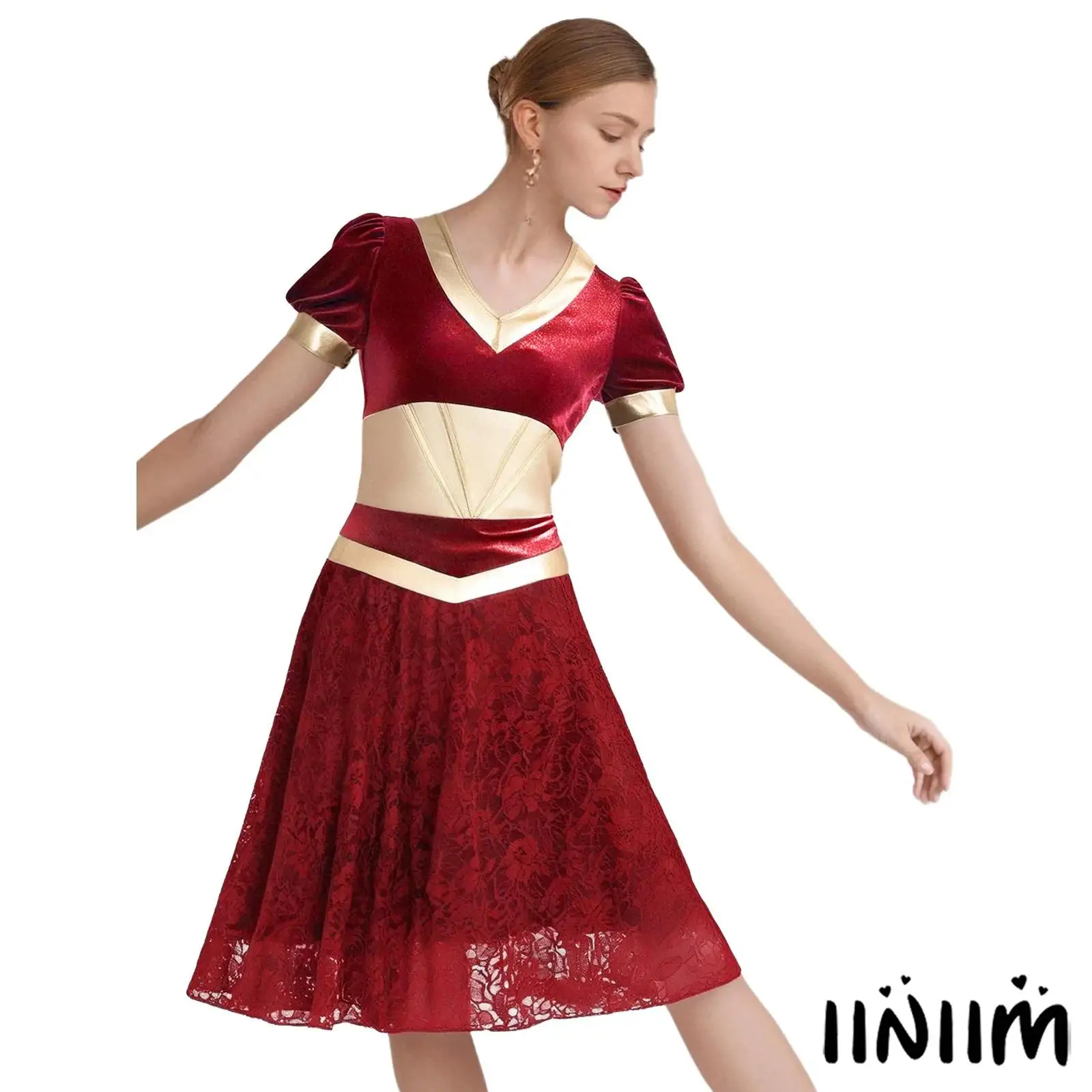 

Women Arabian Belly Dance Costume Metallic Gloss Patchwork V Neck Floral Lace Dress Professional Stage Performance Dance Dresses