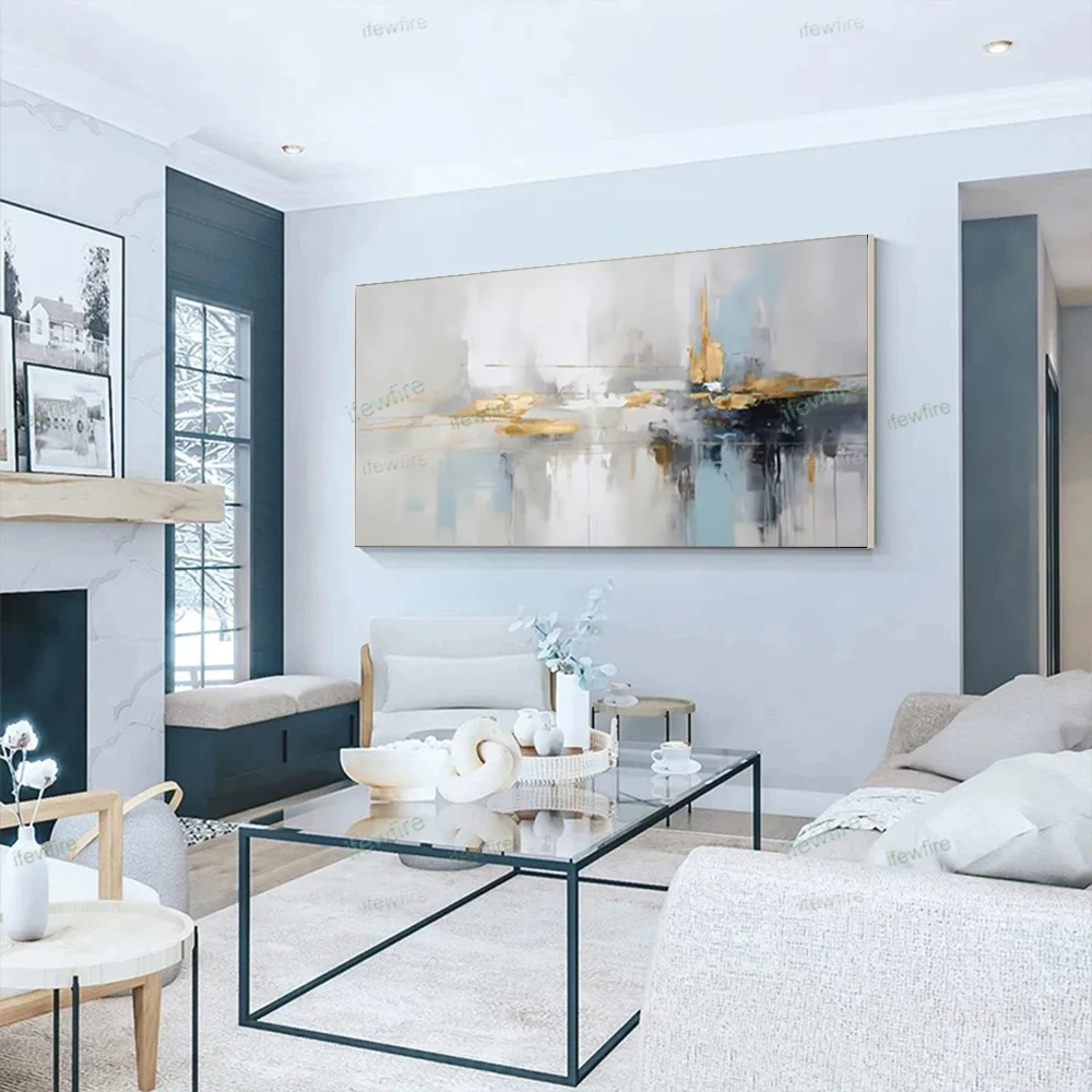 

Fashion Home Canvas Wall Art 100% Handmade Oil Paintings Golden And Blue City Outline Wall Painting For Home Living Room Decor