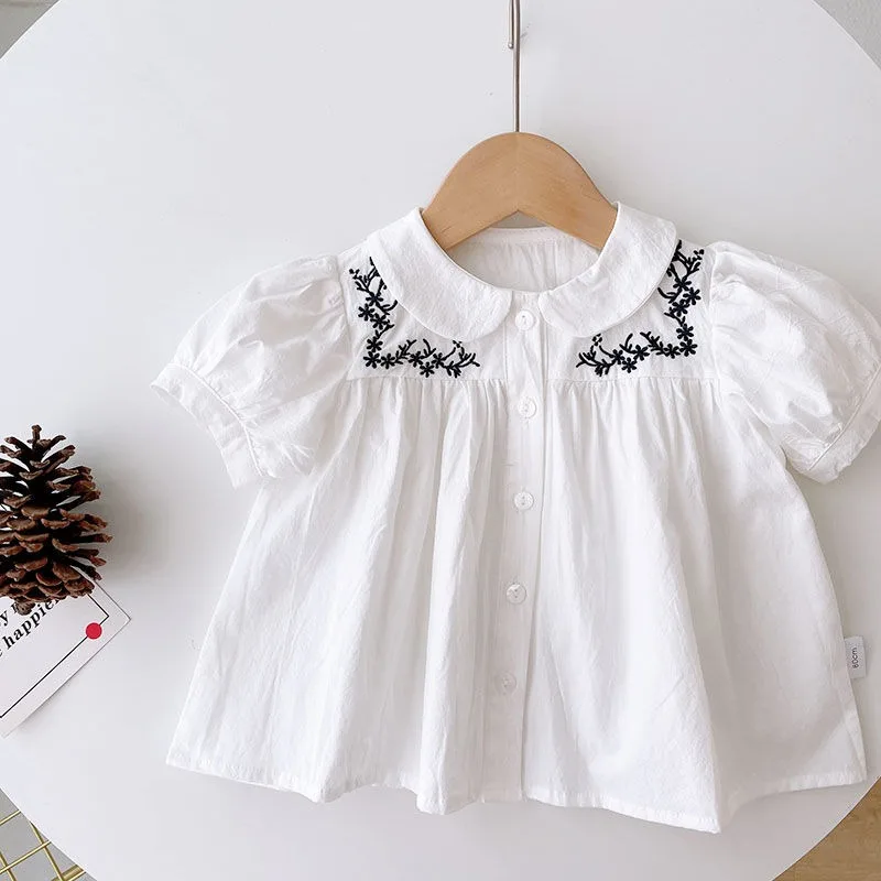 

Korean Girls' White Shirt Summer Loose Fit Baby Navy Blue Flower Embroidery Lapel Doll Shirt Girls' Top