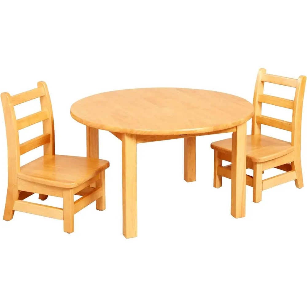

30 Inch Diameter Round Hardwood Table with 16 Inch Legs and Two 8 Inch Chairs, Children's Furniture