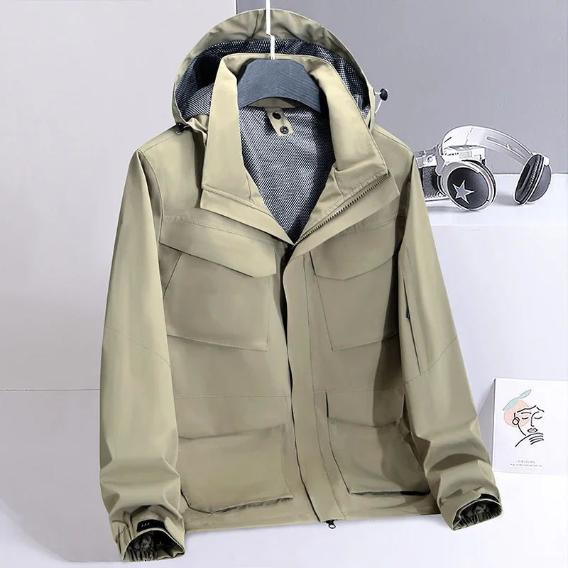 2024 New Autumn Men Work Jacket Outdoor Multi Pocket High Altitude Work Portable Tool Function Jacket Fishing Hooded Windbreaker