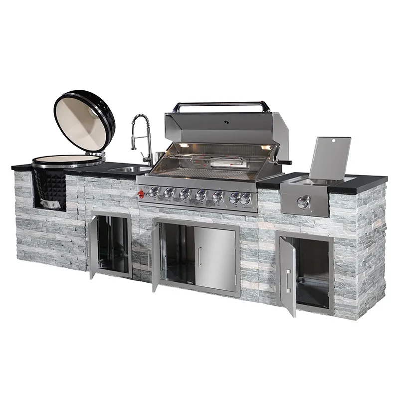 European Modern Islands Natural Culture Stone Stainless Steel Outdoor Kitchen Cabinet Gas BBQ Grills