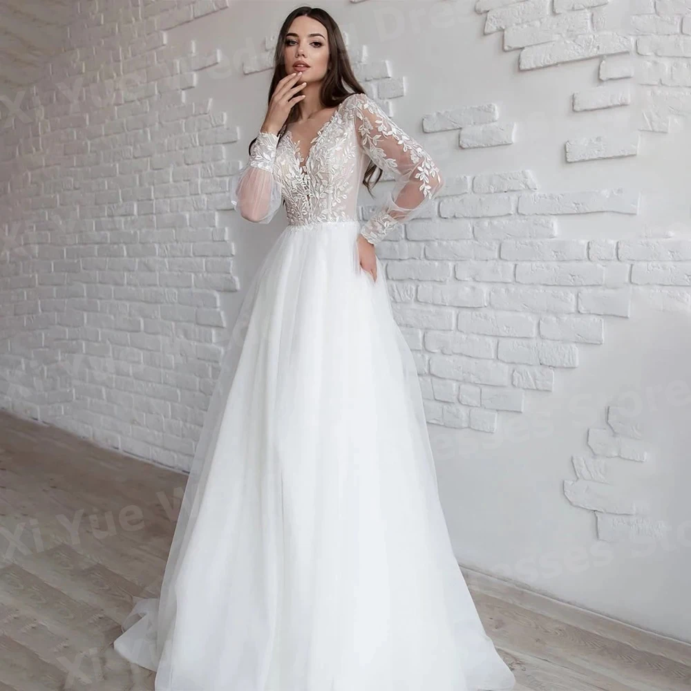 

Элегантные женские свадебные платья трапециевидной формы с кружевной аппликацией и v-образным вырезом, Vestido De Novia, платья невесты по индивидуальному заказу, с открытой спиной и длинными рукавами, Vestido