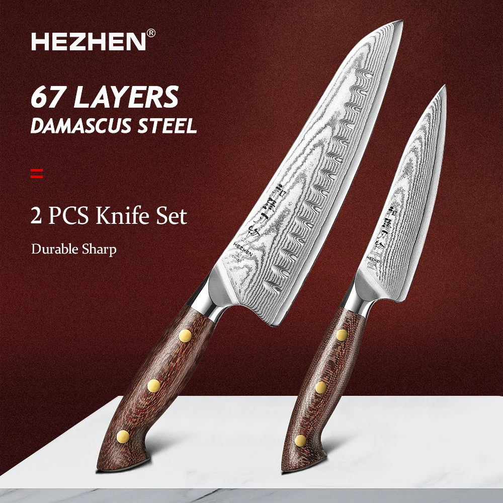 HEZHEN 2PC 67 Layers Damascus Steel Chef Knife Set 60±2 HRC High quality Micarta Handle Kitchen Knives