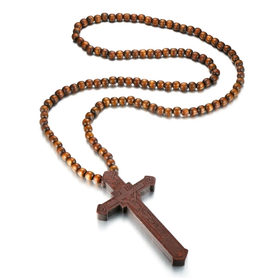 Rosenkranz-Halskette, großer Holz-Jesus-Christus-Kreuz-Anhänger mit Holzperlen, Pullover-Kette, Schmuck, Geschenk für Papa, Freund, Valentinstag – Detail 1