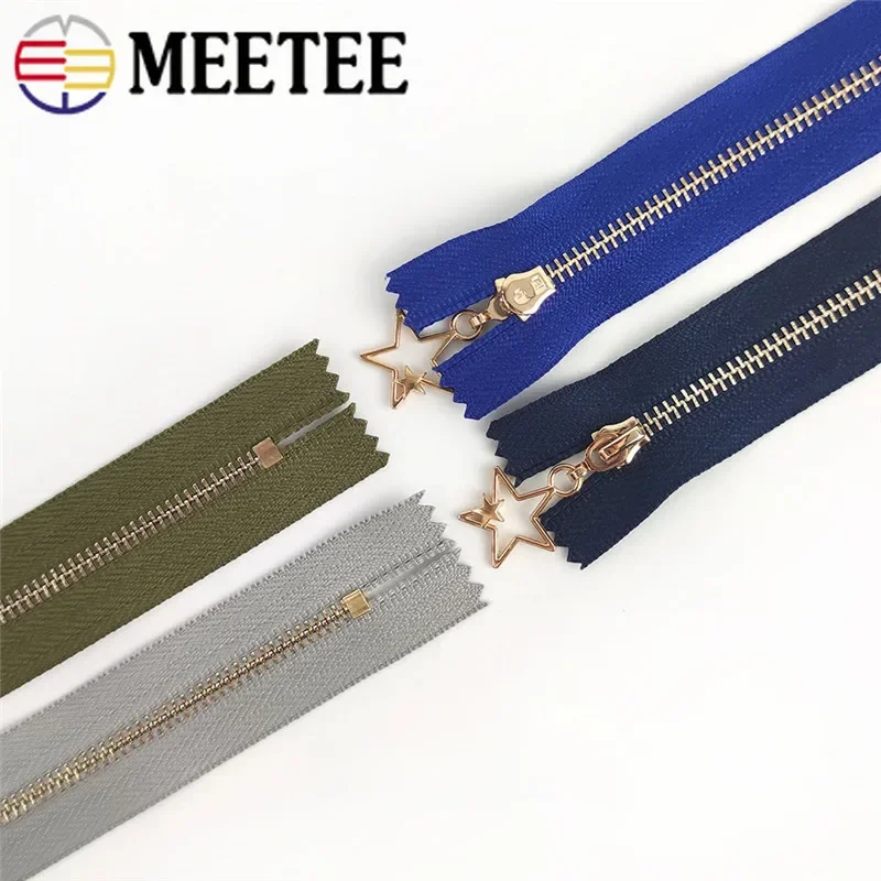 5/10pcs Meetee 15/18/20/25/30cm 3# Metal Zipper Gold Tooth Close End Fashion Five-star Pendant Zippers for Sewing Garment Bags