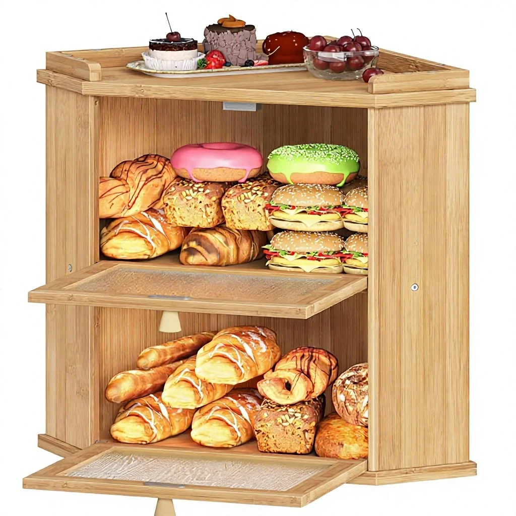 Corner Type 2-Layer Bamboo Bread Box with Shelf Kitchen and Dining Room Food Storage Container YL19MB01