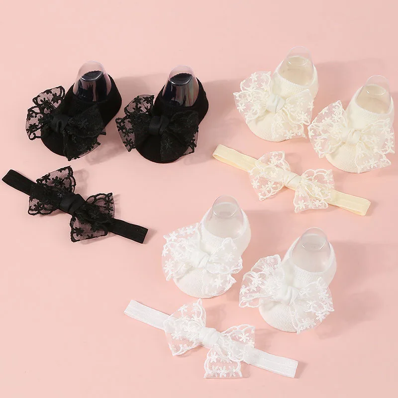 

Baby Girl Baptism Socks+Headband 2Pc First Walker Shoes Newborn Princess White Non Slip Socks Toddler Autumn Hairband Sets 0-12M