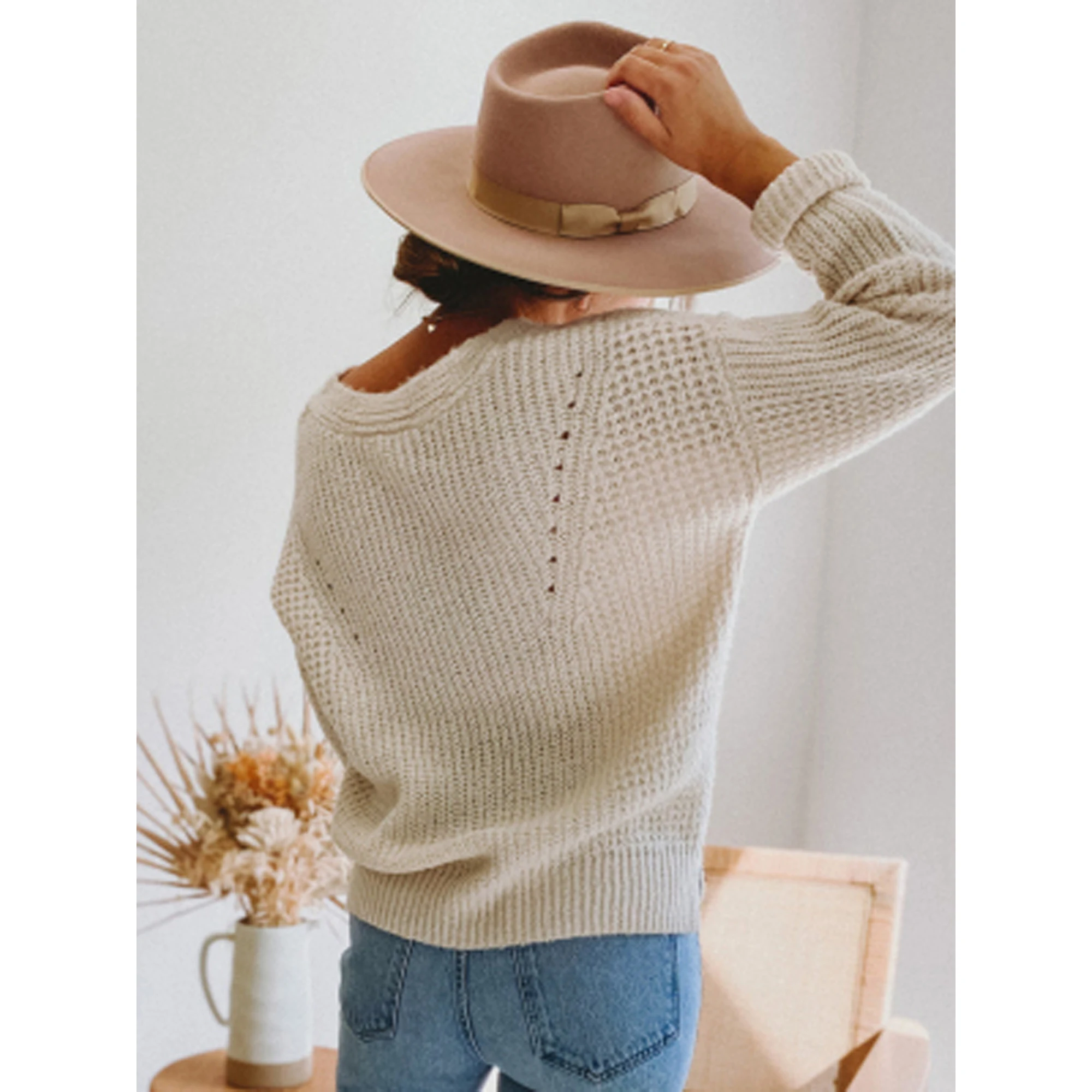 Autumn Winter V-neck Women Knitted Pullover Elegant Sweet Knitting Hollow Out Top Women Solid Casual Sweater Jumper Knitwear