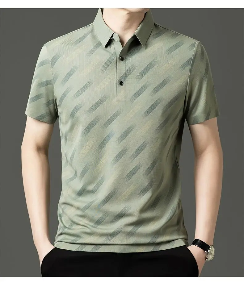 

Ice Silk Short Sleeved T-shirt for Men Summer Thin Style Collared Polo Shirt Loose Casual Striped Print