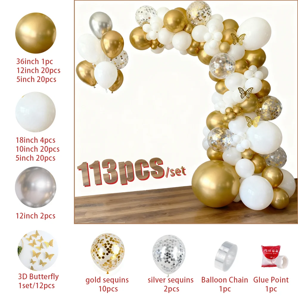 

﻿ 113Pcs/Set White And Golden Balloons 3D Butterfly Silver Gold Confetti Balloons For Birthday Weddings Anniversary Party Decor