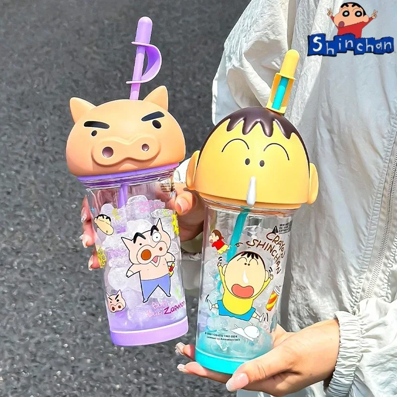 500-600ml Anime Crayon Shin-Chan Cute Big Head Cup Heat-Resistant Plastic Water Cup Large Capacity Portable Straw Cup Gift