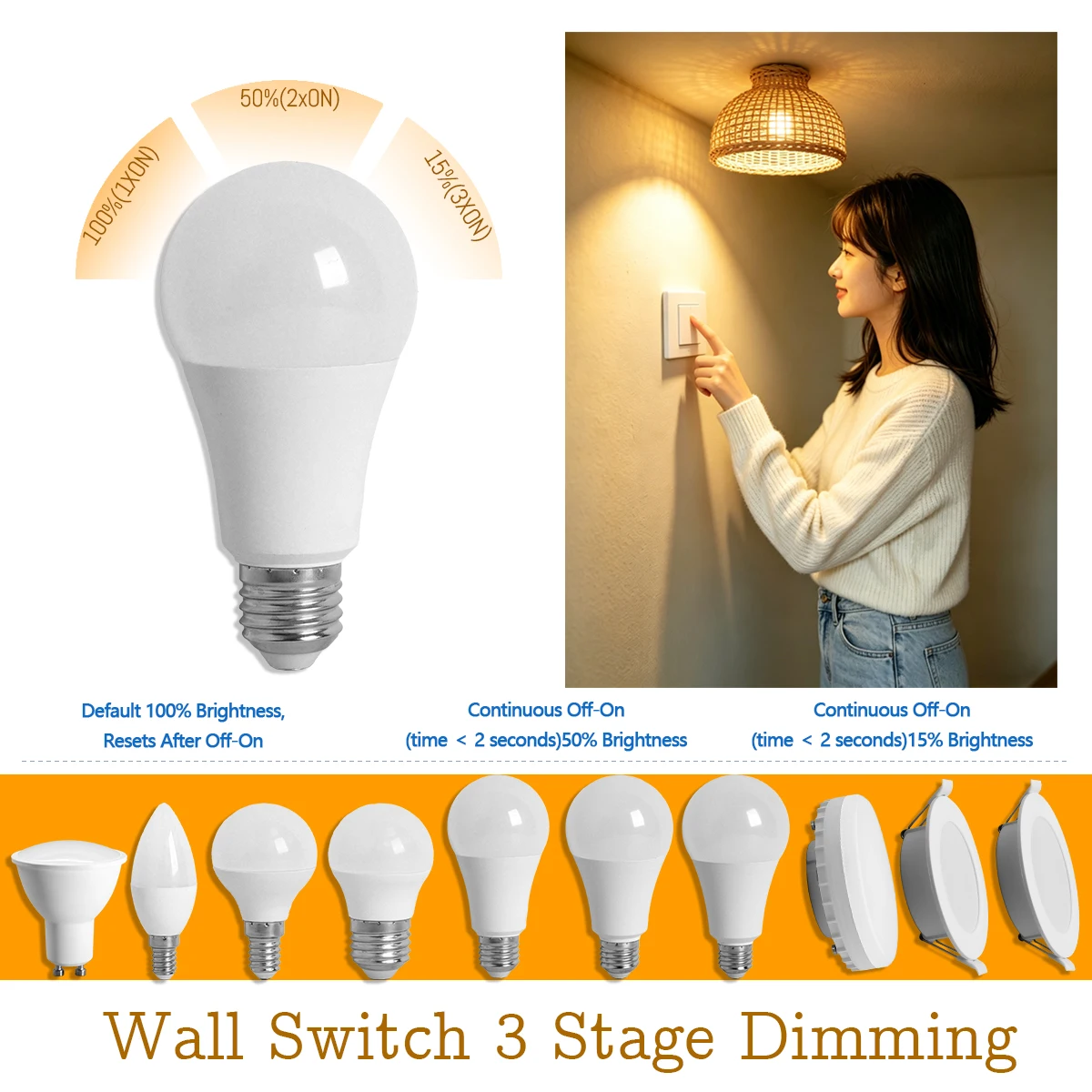 12PCS Three Way Dimmable LED Bulb 100% 50% 15% Three Brightness Adjustments GX53 E14 E27 GU10 Universal Indoor Home Lighting