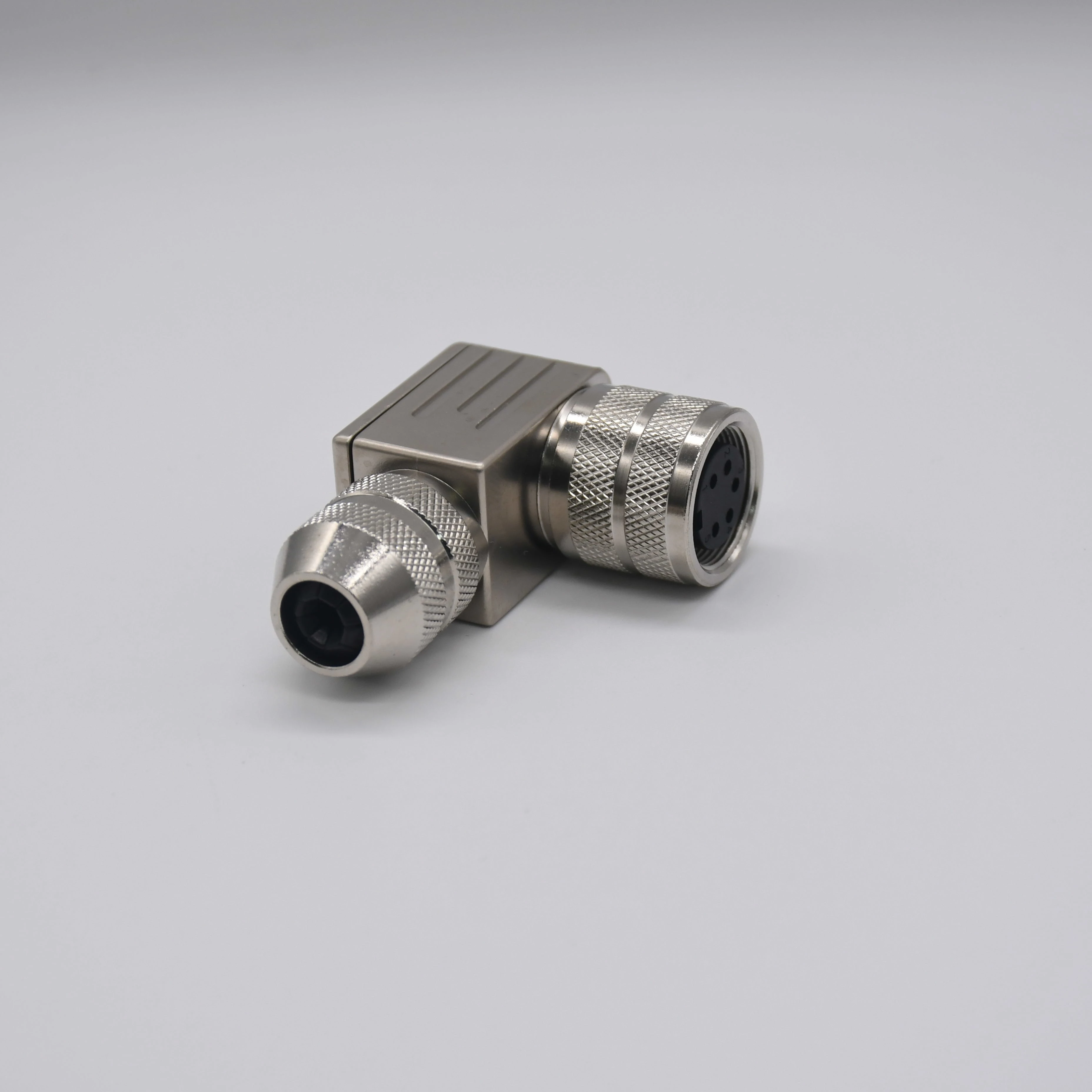 M16 90-Degree  Cable Mount Connector 5 6 Pin A-Coded  Female Silver Metal Shell Plug