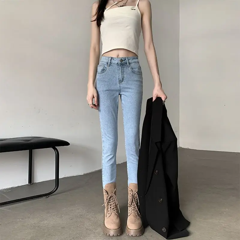 

Облегающие женские джинсы с высокой талией, капри, корейские брюки, весенне-осенние эластичные утягивающие длинные брюки с высокой талией