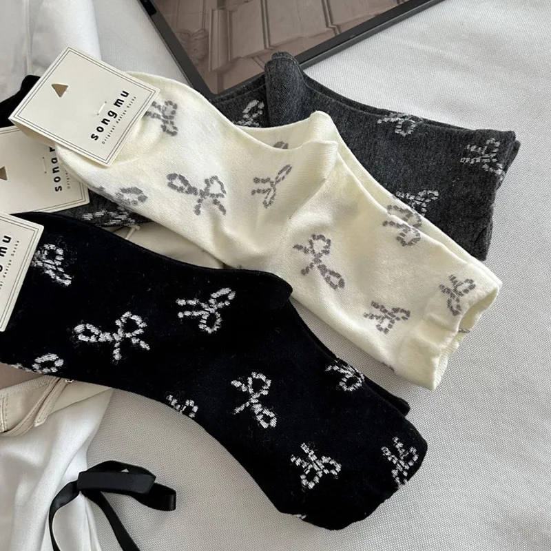 

Милые женские носки в японском стиле с бантом, милые женские модные носки с принтом Bownot, хлопковые носки в стиле Харадзюку