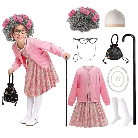 Halloween Old Lady Cosplay Set, Grandma Wig Dress Cardigan Cane, Funny Costume for Party &amp; Stage Skit Performance