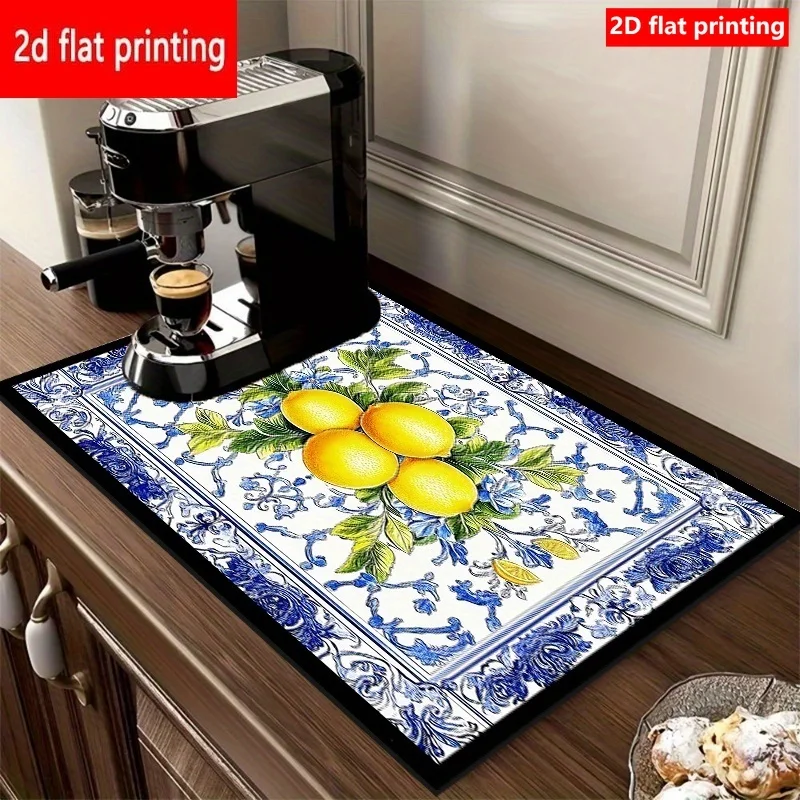 Newest Retro Lemon Basket Floral Drying Mat, Water Absorbing Pad for Stove Top Kitchen Counter Coffee Bar