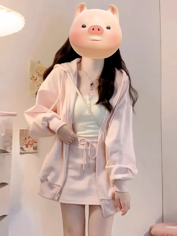 

Fashionable Pink Hooded Long Sleeve Sweatshirt Jacket Women's New Style Slimming Versatile Skirt Two-Piece Set Trendy