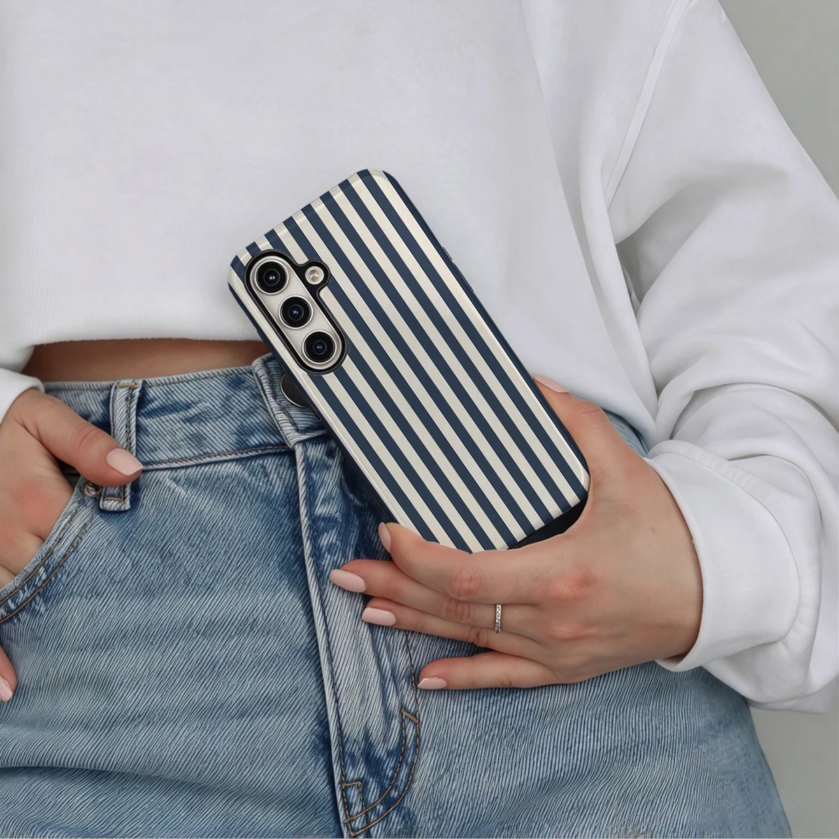 Navy Cream Stripes Phone Case For Samsung Galaxy S26 S25 Ultra S24 S23 Plus Hard Shock‑Absorption 2-in-1Protective Cover