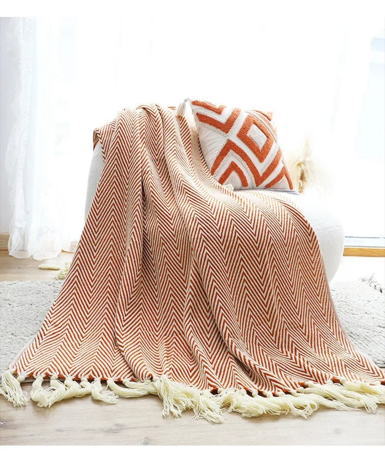 Textured Woven Throw Blanket With Fringe Lightweight Leisure Nap Cover Decorative Furniture Blanket For Living Room Bedroom
