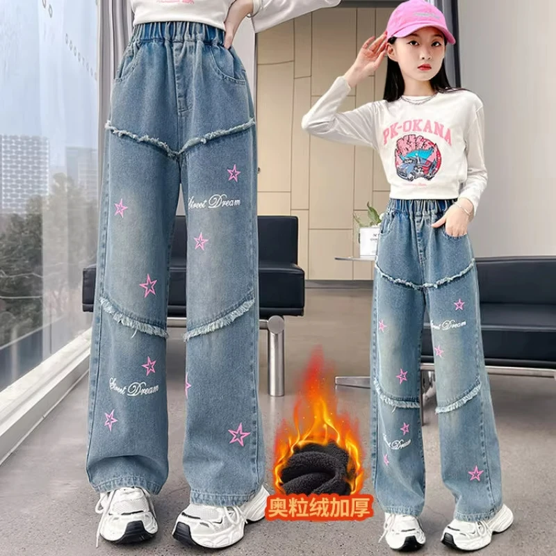 Tienermeisjes Jeans Schoolkinderen Denim Broek Met Fleece Herfst Winter Casual Bloemenprint Kinderen Wijde Pijpen Geïsoleerde Broek