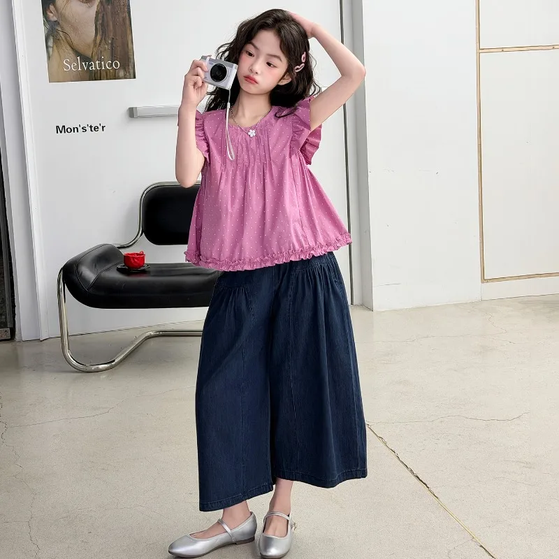 Girls Suit Summer 2026 Sweet Cute Polka Dot Flutter Sleeve Top And Wide Leg Jeans Two Piece Set Children's Clothing