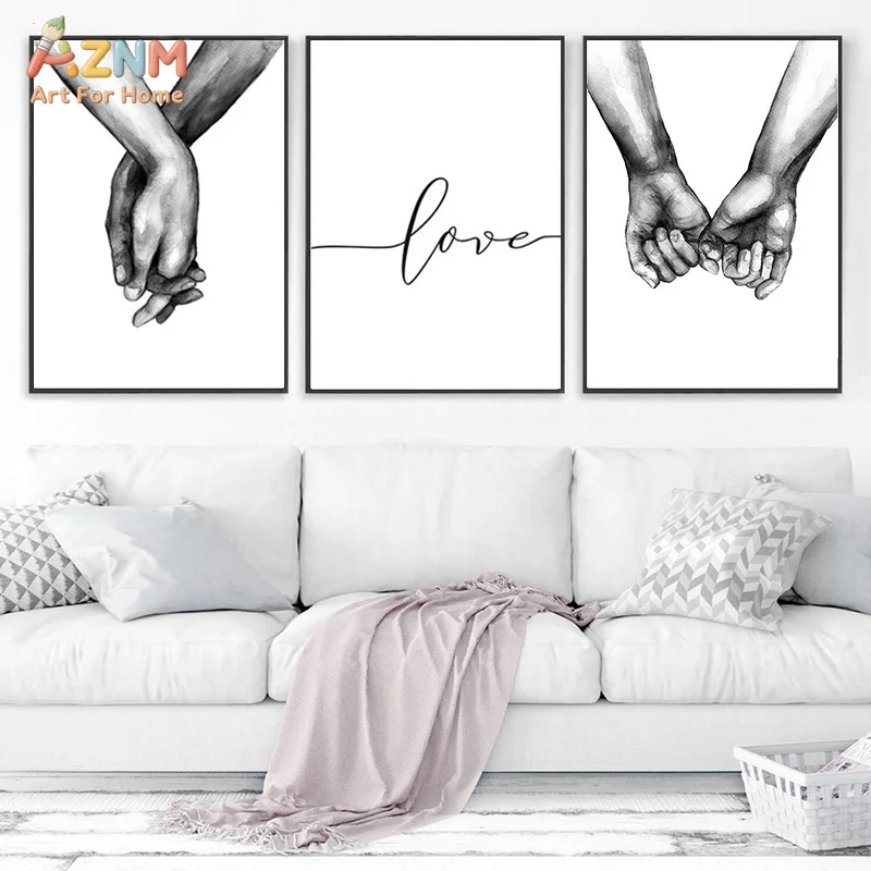 AZNM Minimalist Line Art Canvas Wall Art Couple Holding Hands Mr Mrs Love Sketch Print Unframed Canvas Painting for Romantic Bed