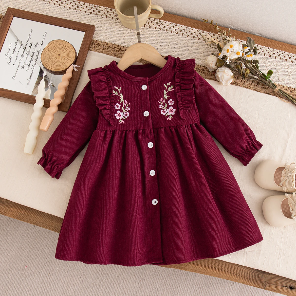 Baby Dresses Spring And Autumn Cotton Solid Color Flower Embroidery Long Sleeved Baby Girl Dress Cute And Sweet Baby Clothing
