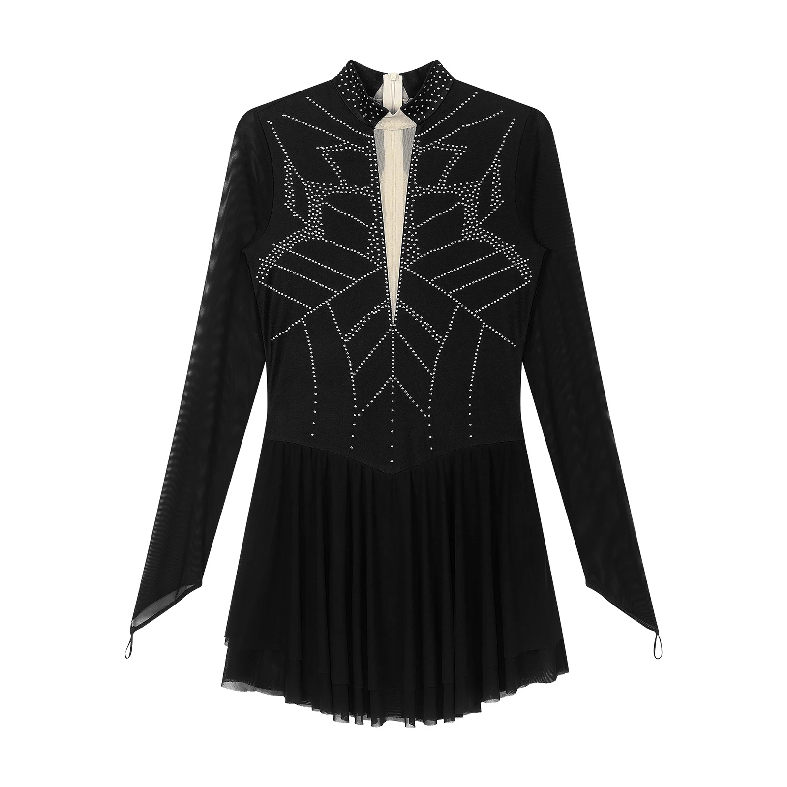 Womens Gymnastics Artistic Figure Skating Dress Ballet Lyrical Dance Costume Shiny Rhinestones Sheer Mesh Long Sleeve Dress