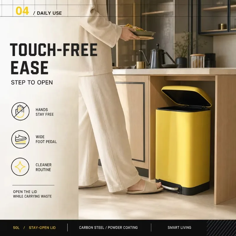 Soft-closing trash can, wide foot pedal,50-liter capacity, carbon steel material,can be kept normally open,suitable for kitchens