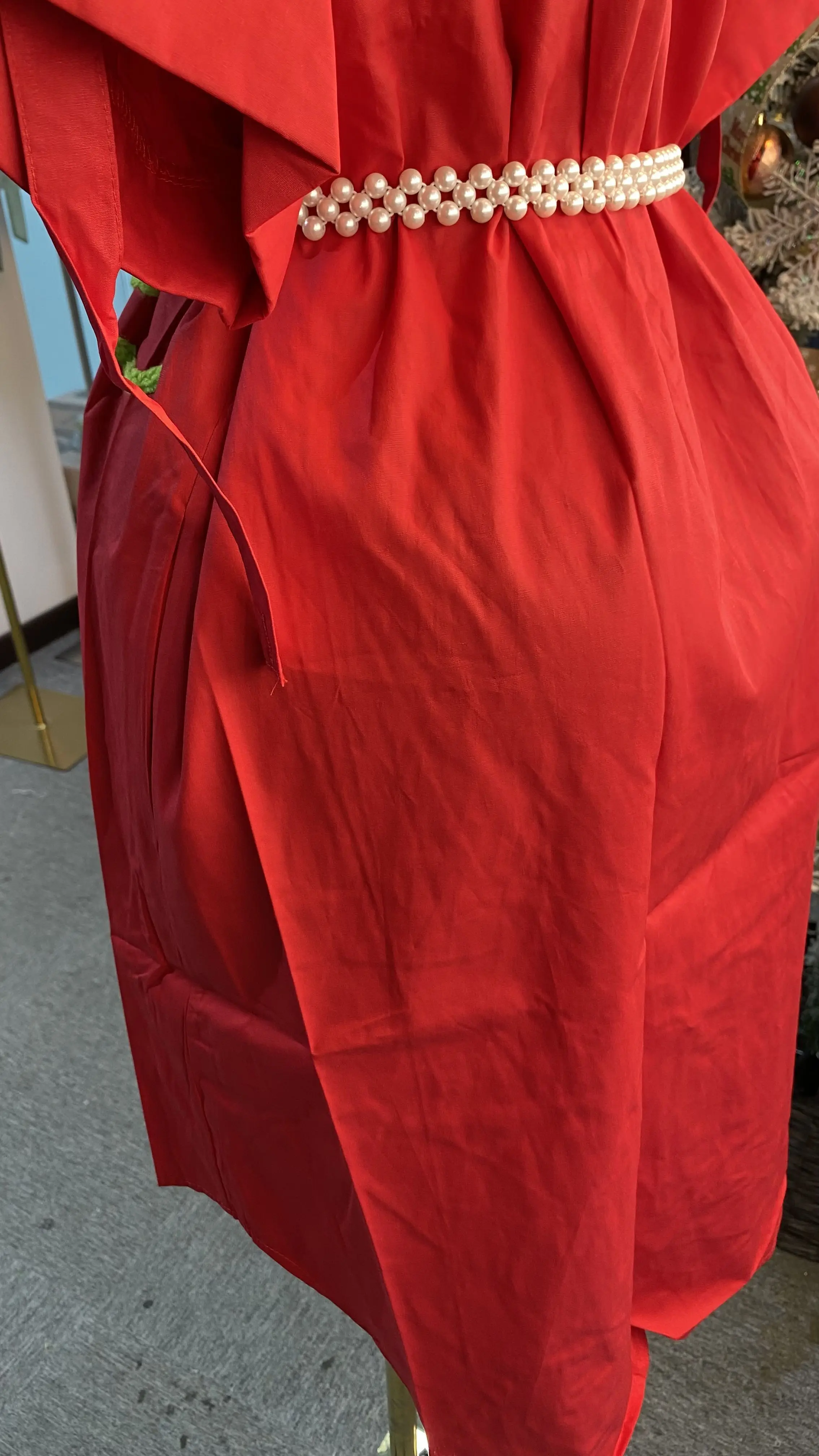 2025 autunno nuove donne abbigliamento temperamento rosso papillon cintura risvolto camicia di popeline a maniche corte dress-GZMM348