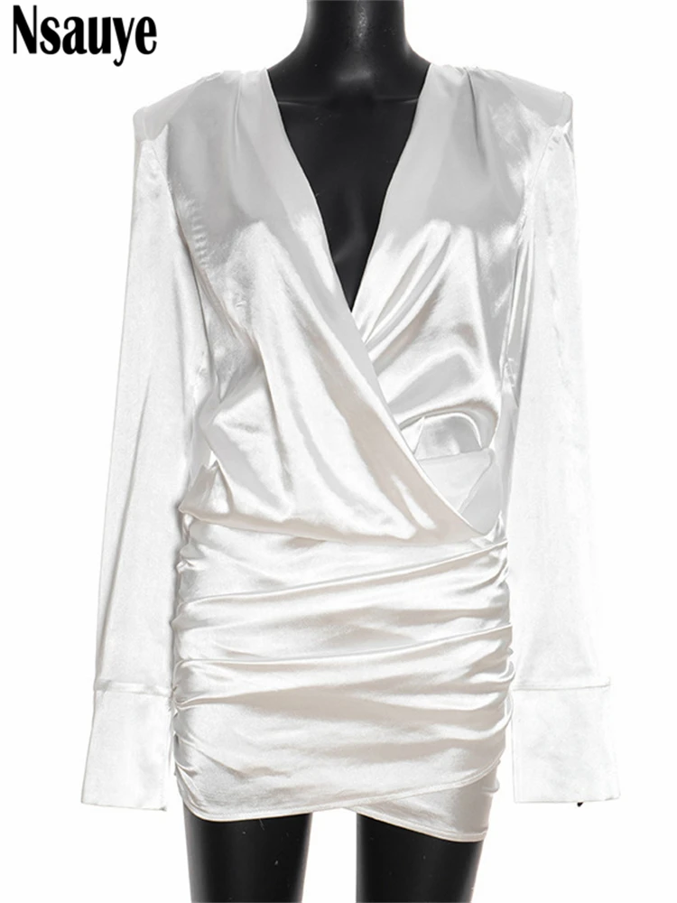 Nsauye 짧은 이브닝 우아한 파티 미니 랩 롱 슬리브 여성 드레스 신상 패션 새틴 2025 겨울 섹시 나이트 클럽 화이트 드레스