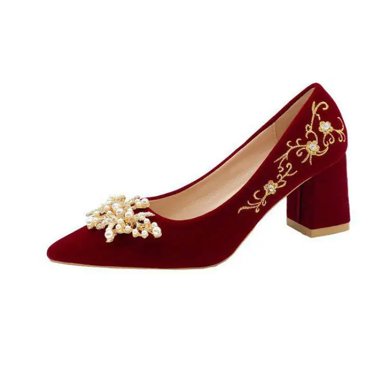 34-40 Women High Heels Pumps Spring Autumn Ladies Platform Wedding Shoes Female Chunky Pointed Toe Chinese Style Red Zapatos Y51