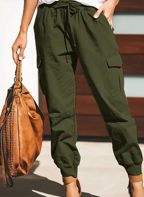 Casual Green Cargo Pants Women Loose Lace Up Elastic Waist Pockets Jogging Sport Woman Long Pants Fashion Streetwear Pant 2023